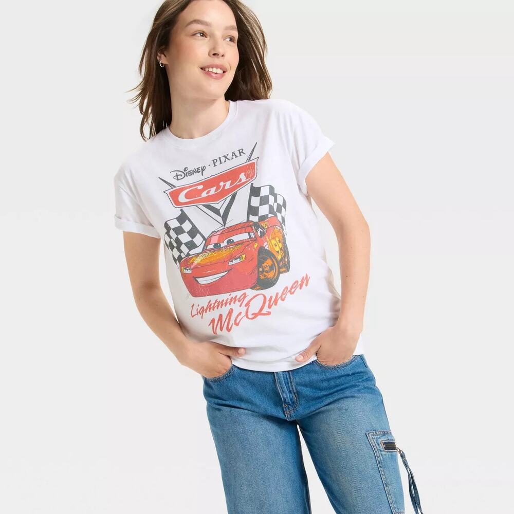 Disney Cars Graphic T Shirt Womens Large White Short Sleeve Lightning McQueen